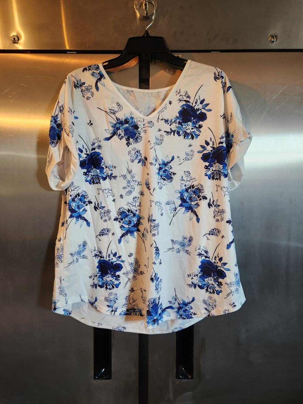 Shein Curve White Blue Floral Print V-Neck Short Sleeve Top Size 0XL